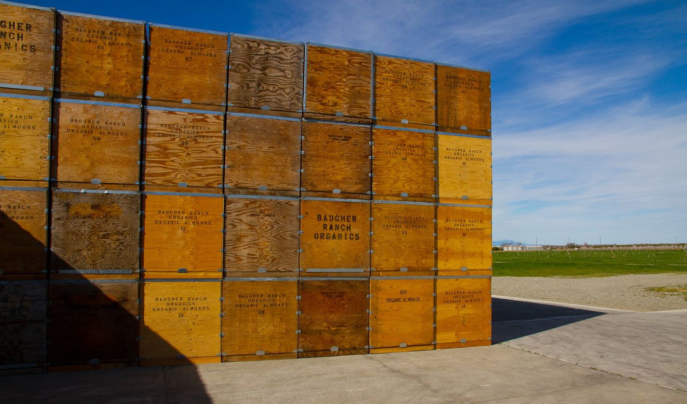 Wooden crates of organic almonds at origin